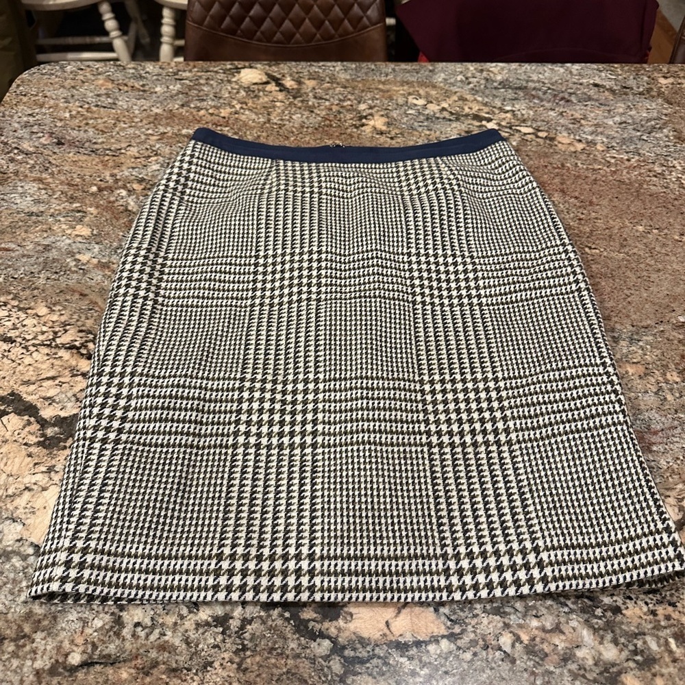 Boden Olive Green & Cream Plaid Houndstooth British Tweed A-Line Skirt - Picture 2 of 9